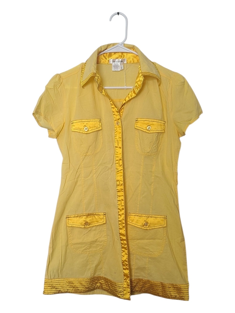 Yellow Short-Sleeve Button-Front Shirt Dress with Satin Trim